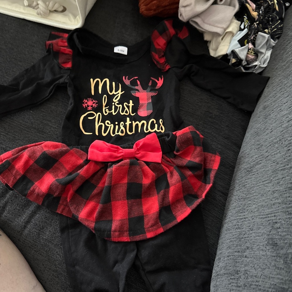 My First Christmas Outfit with Red Plaid Skirt